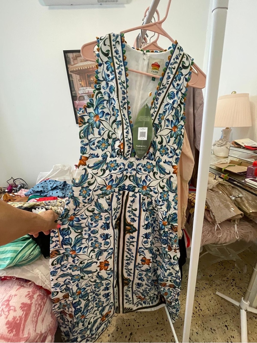 NWT FARM Rio White Maxi Dress with Blue and Tan Floral Print - Picture 2 of 11